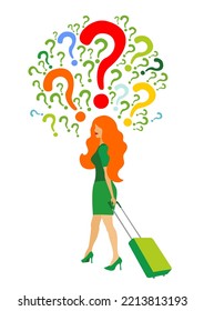 Female tourist with question marks above head. Girl with suitcase thinking, wondering, making decision flat vector illustration. Travel, trip concept for banner, website design
