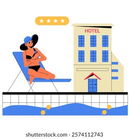 Female Tourist Relaxing By Hotel Pool With Four Star Rating In Flat Vector Illustration Symbolizing Hotel Reviews, Leisure, And Guest Feedback, Isolated On White Background.