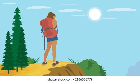 Female tourist standing on a cliff vector illustration, simple drawing, tourism concept, nature exploration