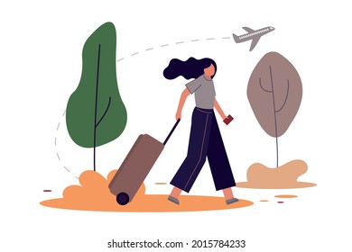 Female tourist with suitcase and passport going on vacation. Happy cartoon traveler with luggage go on trip. Journey on weekend. Recreation and holiday concept. Airplane travel. Vector illustration