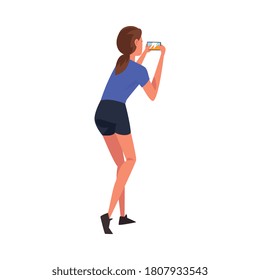 Female Tourist Taking Photo with Camera, View from Behind, African Safari Travel Cartoon Vector Illustration on White Background