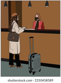 A Female Tourist Talking to the Female Receptionist of the Hotel vector