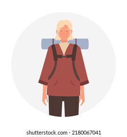 Female tourist with travel backpack. Camping woman travelling vector illustration