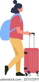 Female tourist is walking with wheeled luggage and backpack at airport terminal, going to boarding gate, side view of traveling person, concept of tourism and business trip