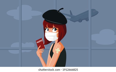 Female Tourist Wearing a Mask Holding Her Passport. Travel girl flying safe after immunization to vacation destination

