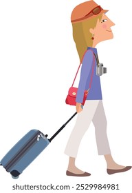 "female tourist" A female tourist wears a brown hat with sunglasses, carries a camera over her shoulder, and pulls a suitcase. She smiles happily, expressing joy and excitement.