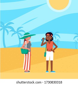 Female tourists looking sights in Egypt. Young girl in hat enjoy ancient Egyptian pyramids. African woman drinks water. Girlfriends travelling, vacation, world tourism. Vector character illustration