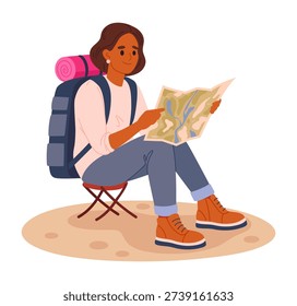 Female tourists with map. Active character resting after hiking, trekking and backpacking, outdoor adventure flat vector illustration. Camping outdoor scene