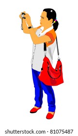Female tourists photographed standing on a white background.
