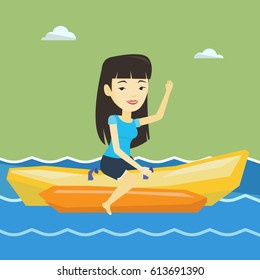 Female tourists riding a banana boat and waving hand. Young happy asian woman having fun on banana boat in the sea. Woman enjoying her summer vacation. Vector flat design illustration. Square layout.