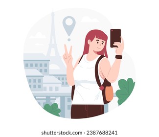 Female tourists taking selfies at tourist attractions. Vacation and tourism concept illustration