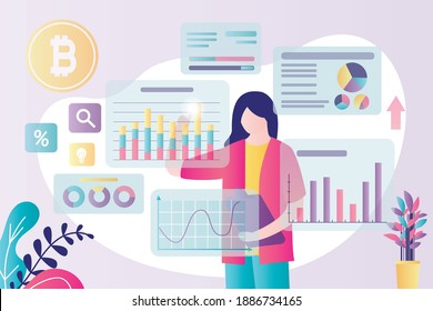Female trader analyzes data. Financial analyst studying infographics. Various graphs, diagrams and signs in front of businesswoman. Online bitcoin trading technologies, making money. Vector illustration