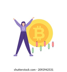 female trader illustration, chart and BTC coin. trading concept, crypto currency, investment. business and stock. flat cartoon style. vector design. elements, ui, landing page
