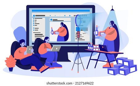 Female trader online live broadcast sell goods  in group social network. make business grow online.vector flat illustration.