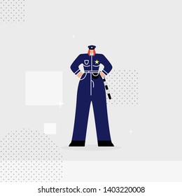Female Traffic Controller Flat Vector Illustration. Young Woman in Uniform with Cap Cartoon Character. Policewoman Profession, Road Patrol, Lady Cop with Striped Rod. Law Enforcer, Police Officer