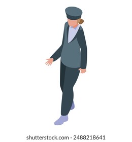 Female train conductor walking in uniform isometric illustration