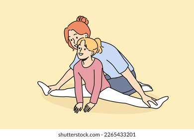 Female trainer help little girl with stretching on training. Woman coach work with happy small kid client in gymnastics studio. Vector illustration. 