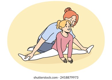 Female trainer help little girl with stretching on training. Woman coach work with happy small kid client in gymnastics studio. Vector illustration.