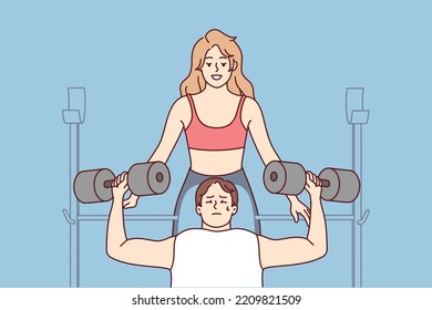 Female trainer help male client workout in gym. Woman athlete or coach train with customer with barbells in sport center. Vector illustration. 