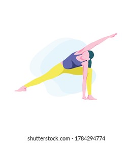 Female trainer. Young girl practicing yoga at home. Meditation, stretching and relaxation. Flat vector illustration