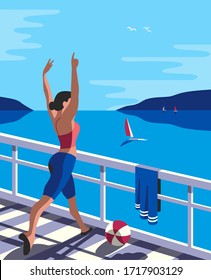 Female training dancing on seaside balcony flat color vector. Summer blue sea scenic view poster pop art retro background cartoon. Vacation leisure activity wellbeing exercise workout illustration