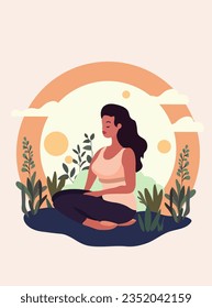 Female in tranquil meditation amidst nature and foliage.Concept for yoga, stress relief, mindfulness, relaxation, recreational wellness, and health. Vector illustration.