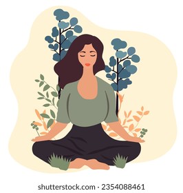 Female in tranquil meditation amidst nature and foliage.Concept for yoga, stress relief, mindfulness, relaxation, recreational wellness, and health. Vector illustration.