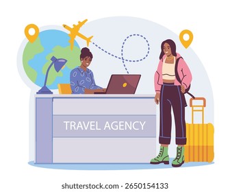 Female travel agent helps young woman with suitcase at travel agency counter, cartoon style, white background, concept of vacation planning. Vector illustration