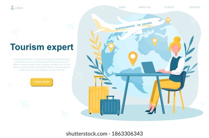 Female travel agent in office. Woman worker selling tour, cruise, airway or railway tickets. Vacation organization agency, hotel booking. Website, web page landing page template. Vector illustration