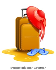 female travel suitcase with bonnet and slippers on sand vector illustration isolated white background