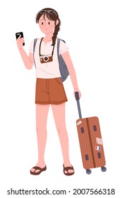 A female traveler with a camera around her neck is dragging a suitcase. A woman is searching for travel information on a smartphone. Travel concept vector illustration.