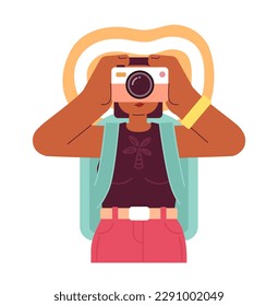 Female traveler capturing holiday memories on camera semi flat colorful vector character. Editable half body person on white. Simple cartoon spot illustration for web graphic design and animation