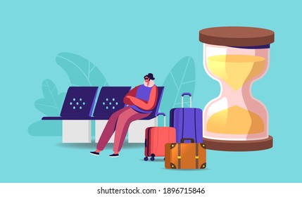 Female Traveler Character Sitting in Airport Waiting Area with Mask on Eyes Trying to Sleep at Huge Hourglass and Baggage. Biological Clock Change due to Time Zone Jet Lag. Cartoon Vector Illustration