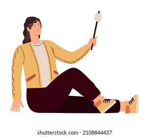 female traveler eating marshmello character