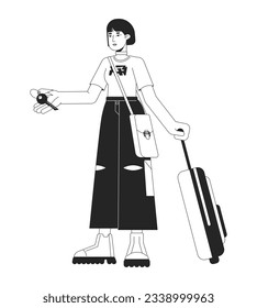 Mujer viajera sosteniendo la llave de la habitación de hotel de línea plana de carácter vector blanco negro. Esquema editable persona de cuerpo completo. Equipamiento turístico asiático caricatura simple ilustración puntual aislada para diseño gráfico web