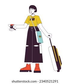 Female traveler holding hotel room key flat line color vector character. Editable outline full body person on white. Asian tourist with baggage simple cartoon spot illustration for web graphic design