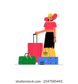 Viajante Feminino Com Bagagem Em Ilustração De Vetor Plano Simbolizando Férias, Turismo E Aventuras De Viagem, Isolado Em Fundo Branco