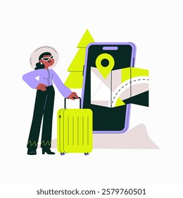 Female Traveler With Luggage And Navigation App In Flat Vector Illustration Symbolizing Travel Planning, GPS Navigation, And Outdoor Adventure, Isolated On White Background