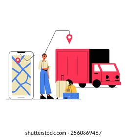 Female Traveler With Luggage Standing Beside A Delivery Truck And Smartphone In Flat Vector Illustration Symbolizing Travel, Navigation, And Transportation, Isolated On White Background