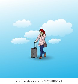 A female traveler pushing her suitcase bag on a cloudy blue day. Vector illustration.