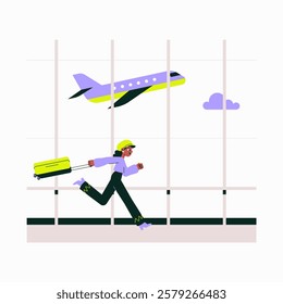 Female Traveler Running in Airport Terminal in Flat Vector Illustration Symbolizing Travel, Urgency, and Flight Catching, Isolated on White Background