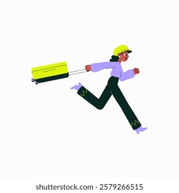 Female Traveler Running With Suitcase In Flat Vector Illustration Symbolizing Urgency, Travel, And Airport Rush, Isolated On White Background