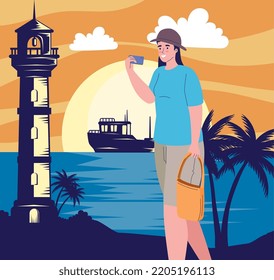 female traveler with smartphone seascape