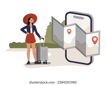 Female Traveler With Suitcase Using Mobile Map For Navigation In Flat Vector Illustration Symbolizing Travel Planning, Location Tracking, And Digital Navigation, Isolated On White Background