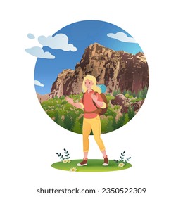 Female traveler trekking in Mountain valley Isolated on White Background. Concept illustration promoting travel destinations and tourism.