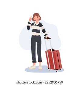 Mujeres Viajando turistas con mochila de viaje, el equipaje está haciendo un buen pulgar arriba en el signo de la mano. Ilustración vectorial plana