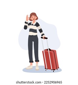 Female Traveling tourists with travel backpack ,luggage is doing OK hand sign. Flat vector illustration