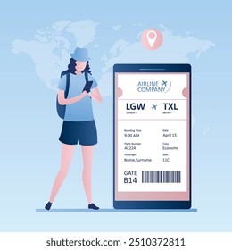 Mujer viajera con teléfono inteligente, check-in en línea, billete de tarjeta de embarque de la aerolínea con código de barras. Ilustración vectorial en estilo de moda