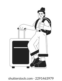 Female traveller with suitcase and backpack monochromatic flat vector character. Editable thin line full body person on white. Simple bw cartoon spot image for web graphic design, animation