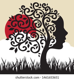 female tree, grass, clouds, sky and red sun. vector 